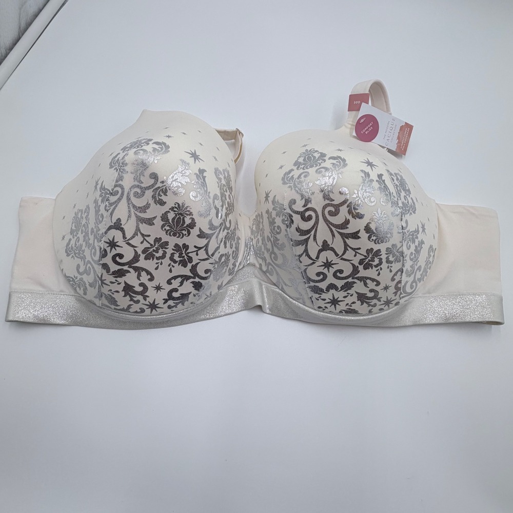 Cacique Comfort Bliss Wireless Bra 50D Cream Silver‎ Metallic Damask NWT